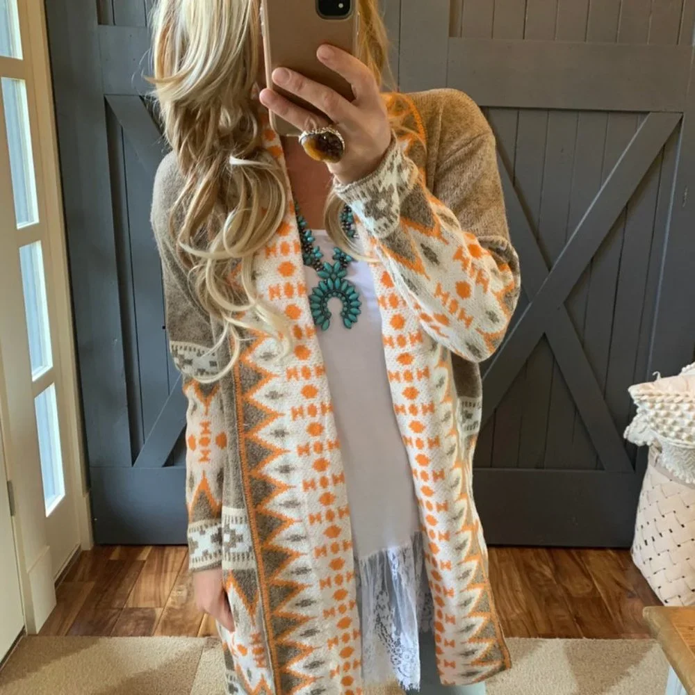 New Cozy Native Tribal Cardigan Sweater / Boho Western Long Blanket - Picture 6 of 8